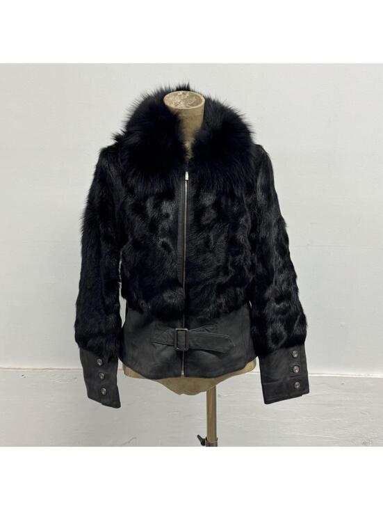 Jackets & Blazers - Vintage Y2K Jet Black Real Fox Rabbit Fur Leather Belted Jacket
